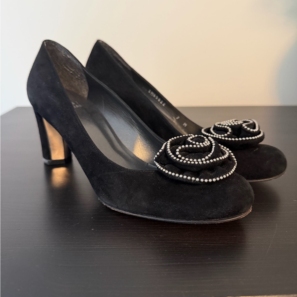 Stuart Weitzman Black Suede Heels with Beaded Floral Design